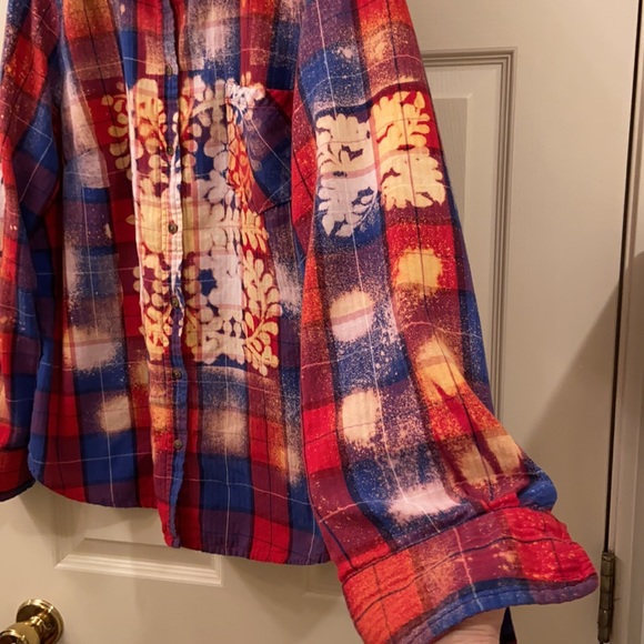 Bleach Splatter Merona Plaid Shirt Custom Up cycled Red Blue, WM SZ XXL Awesome - Picture 6 of 15